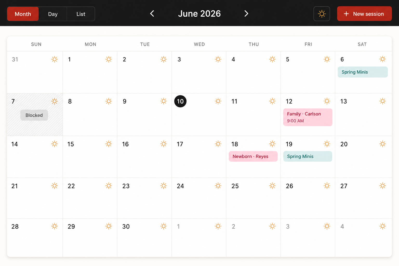 Month calendar with golden hour markers on every day and booked sessions. Demo data.