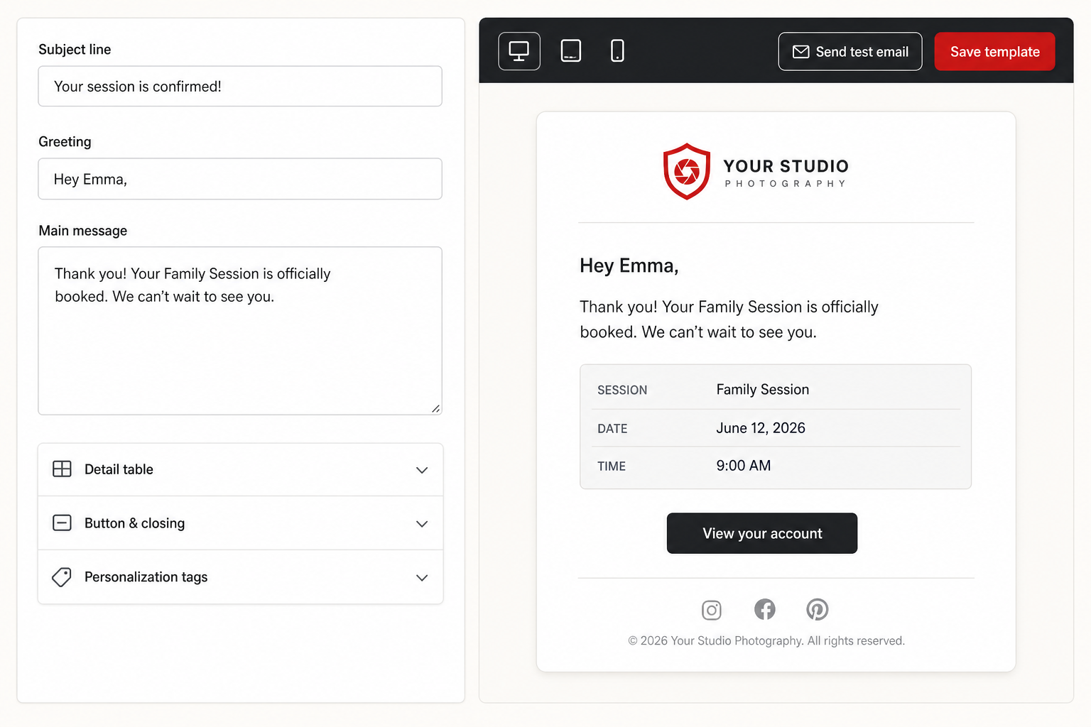 Email template editor with a live branded preview. Demo data.