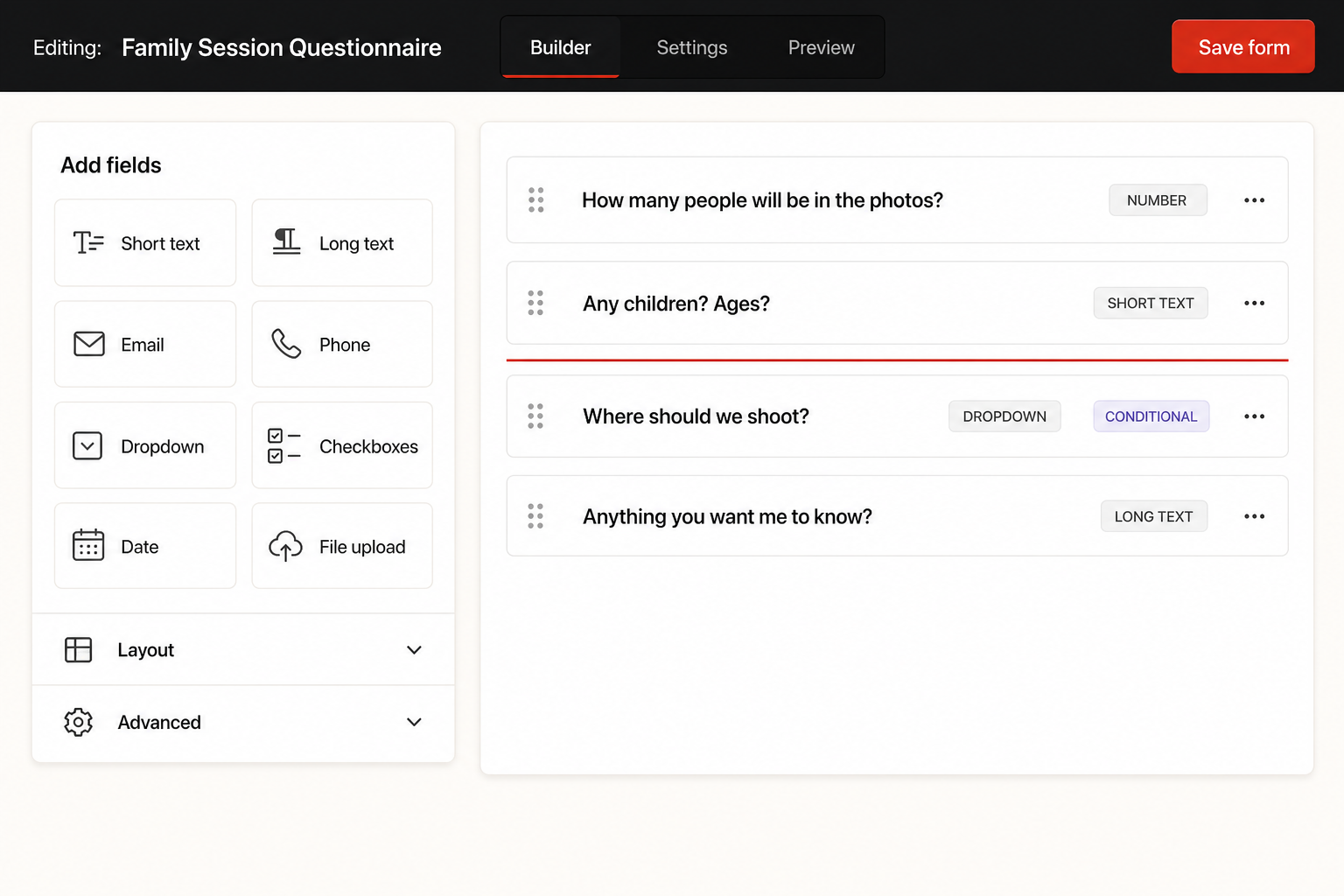 Drag-and-drop form builder with a field palette and a conditional dropdown field. Demo data.