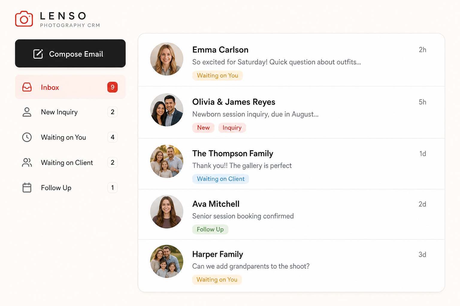 CRM inbox with conversations sorted into pipeline stages. Demo data.