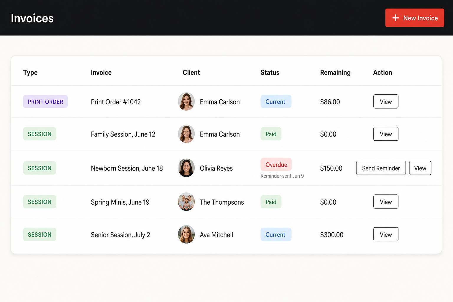 Invoice list with statuses, remaining values, and reminder history. Demo data.