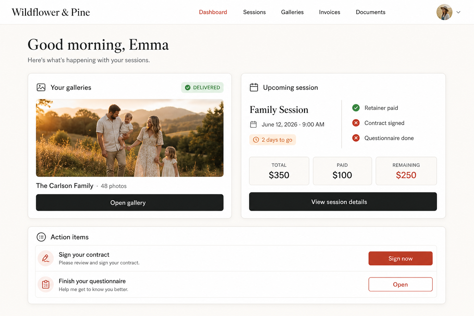 Client portal dashboard with a gallery card, session checklist, and action items. Demo data.