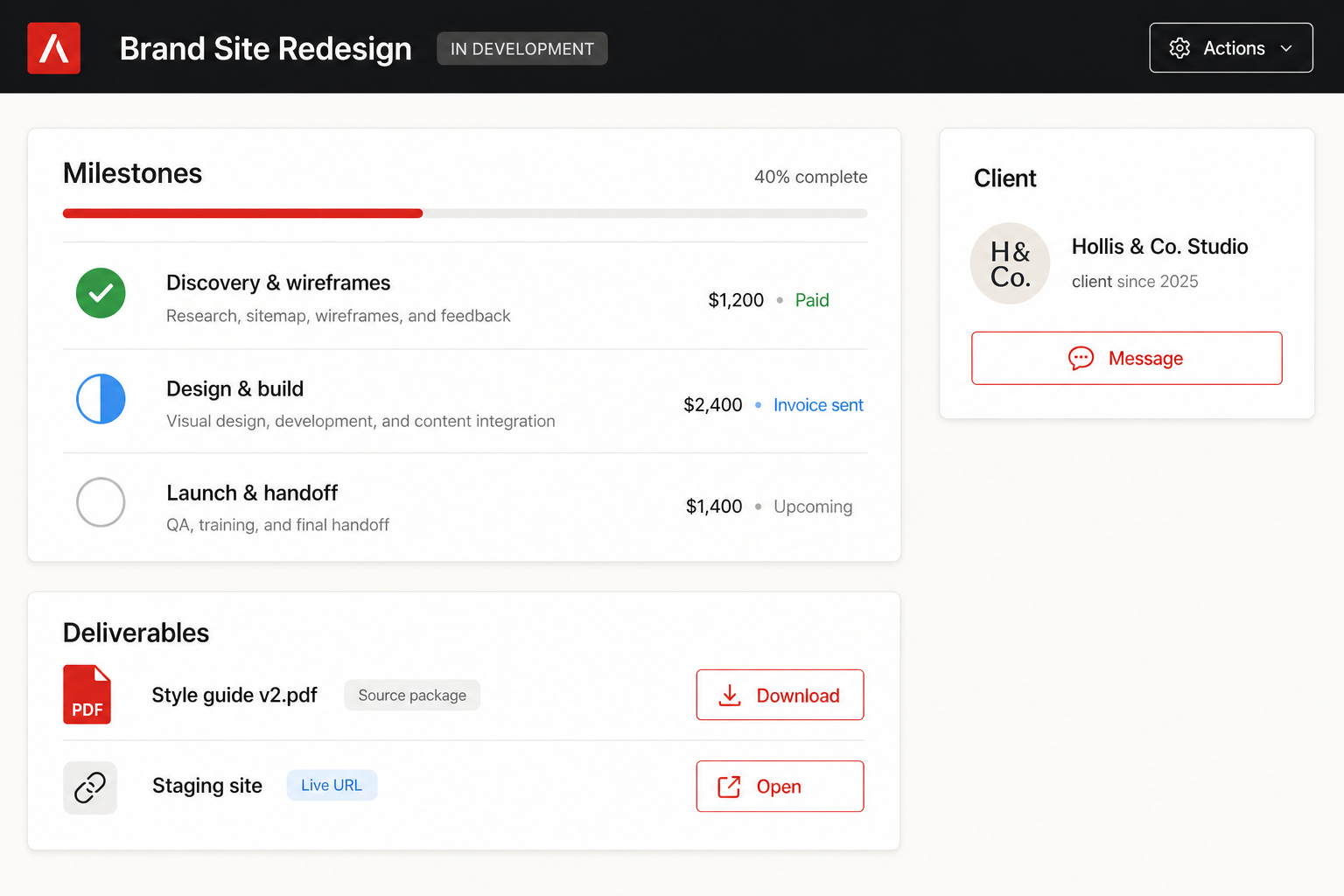 A project view with milestones, deliverables, and a client card for an agency workflow. Demo data.