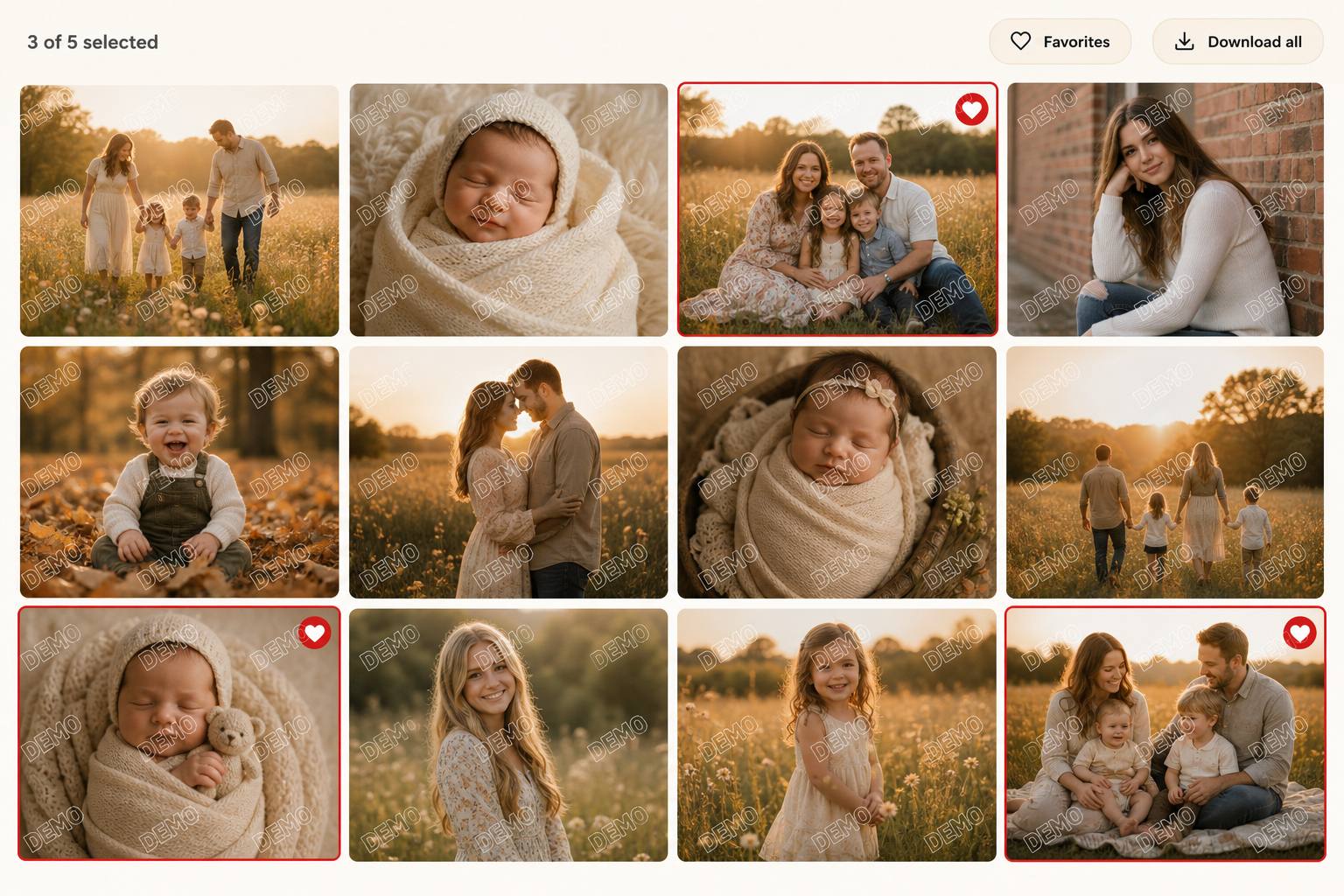 Watermarked proofing grid with client favorites selected. Demo data with a DEMO watermark.