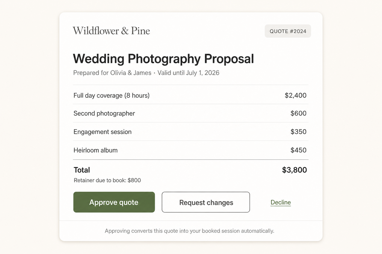 A wedding photography proposal with line items and an approve button, as the client sees it. Demo data.