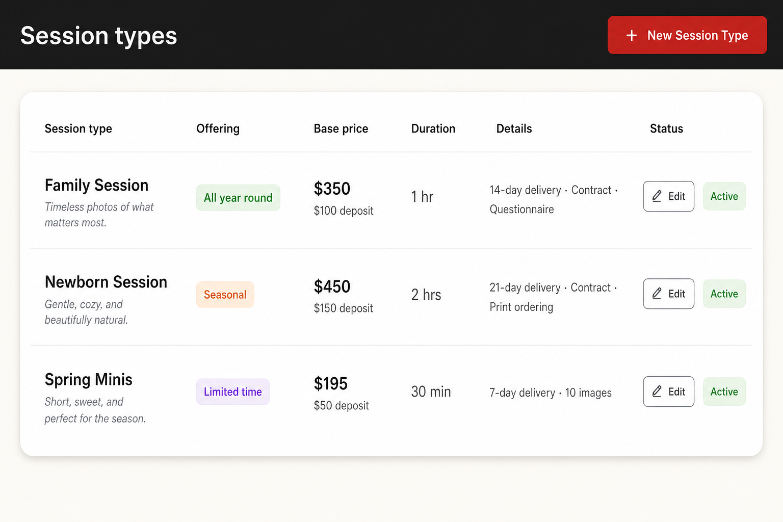 Session types table with pricing, deposits, durations, and booking rules. Demo data.