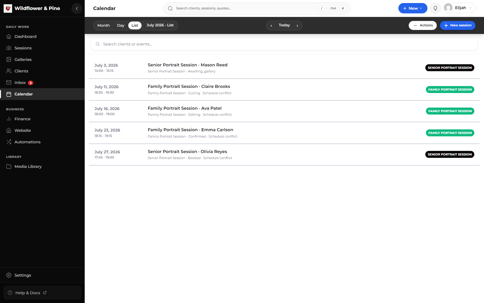 The Mankai calendar listing fictional portrait sessions with dates, clients, and statuses.