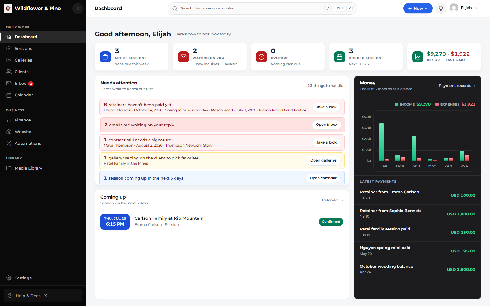 The real Mankai dashboard for a fictional test studio: sessions, items needing attention, upcoming work, income and expenses, and recent payments.