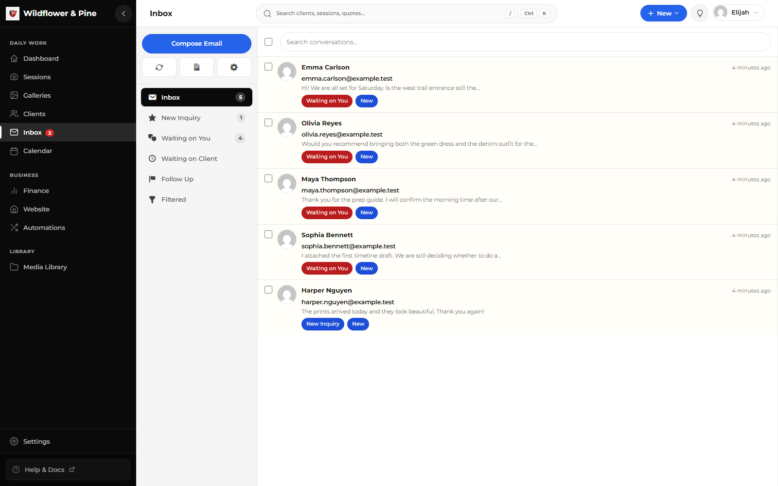 The Mankai inbox with fictional conversations organized into pipeline stages.