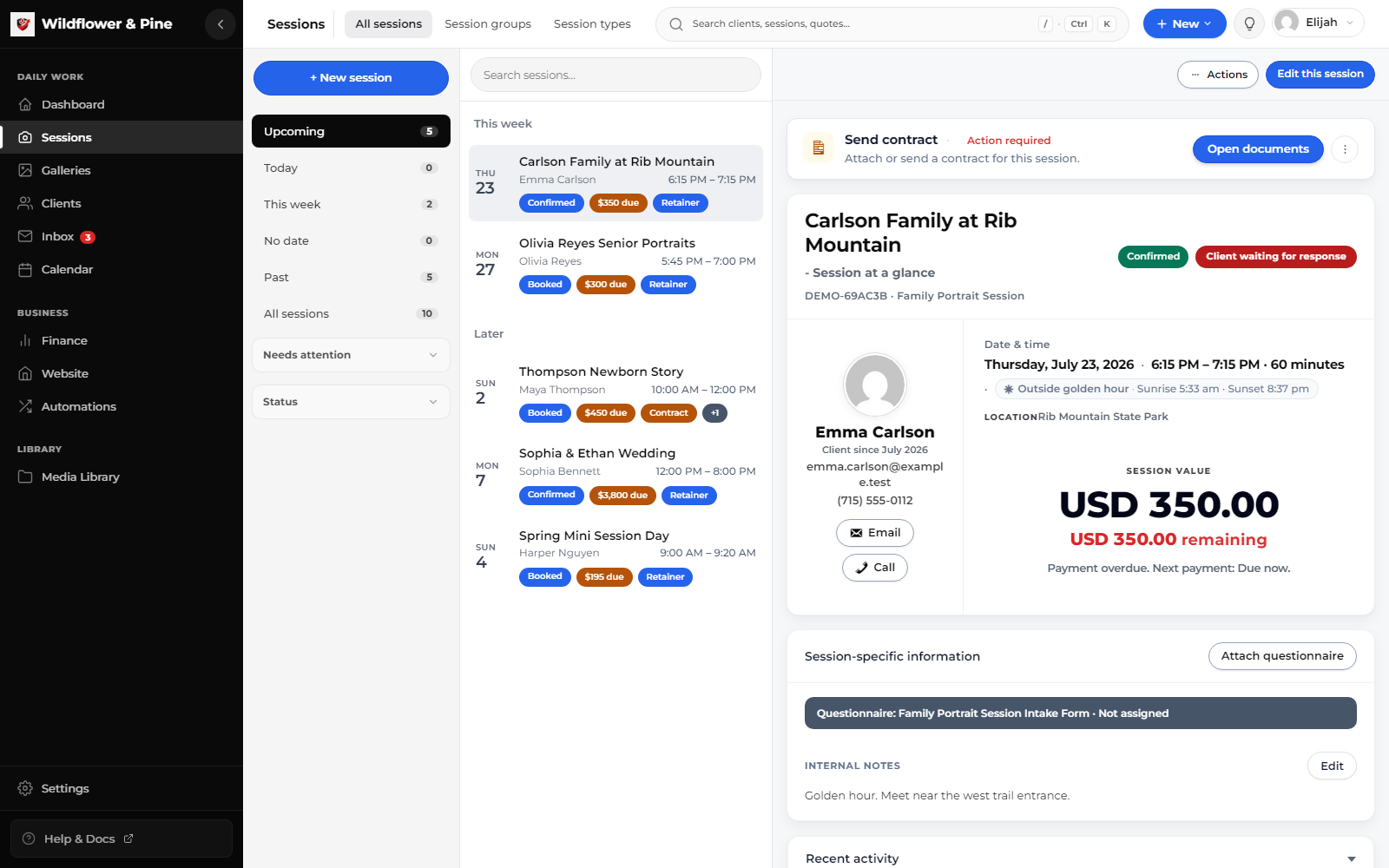 The Mankai session workspace with upcoming fictional sessions, client details, balance, contract status, and internal notes.