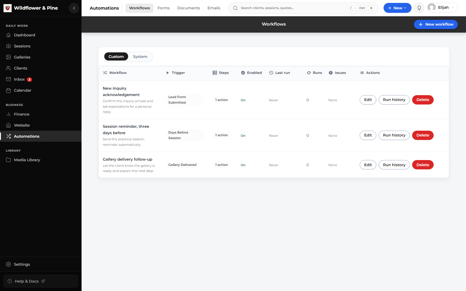 Mankai workflow automations for fictional inquiries, reminders, and gallery delivery.