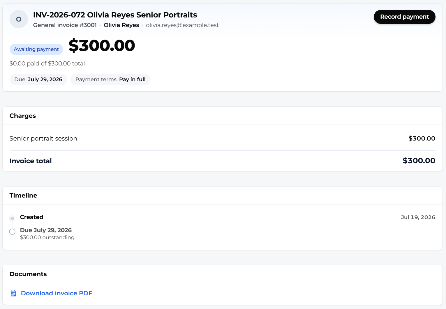 Mankai invoice on a session