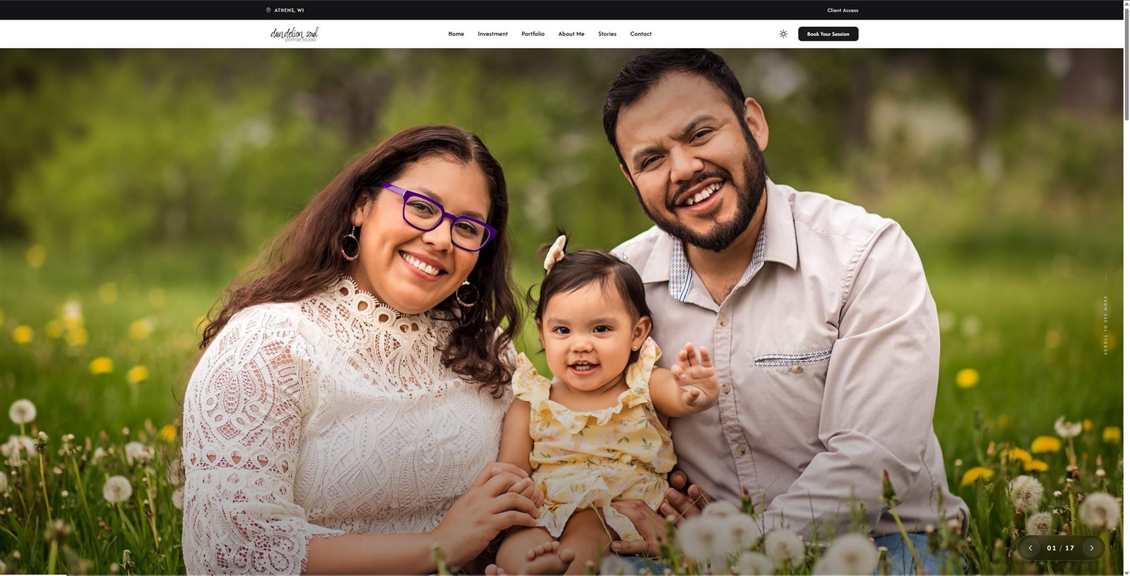 The live Dandelion Soul Studio homepage running the Mankai Photography Theme: full-width family hero, studio navigation, and Book Your Session.