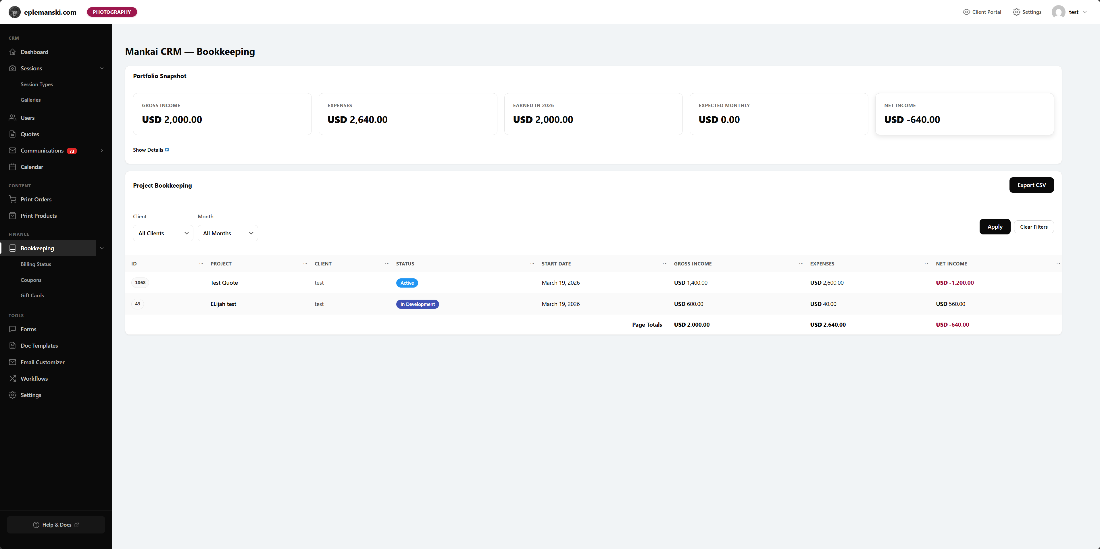Mankai bookkeeping dashboard