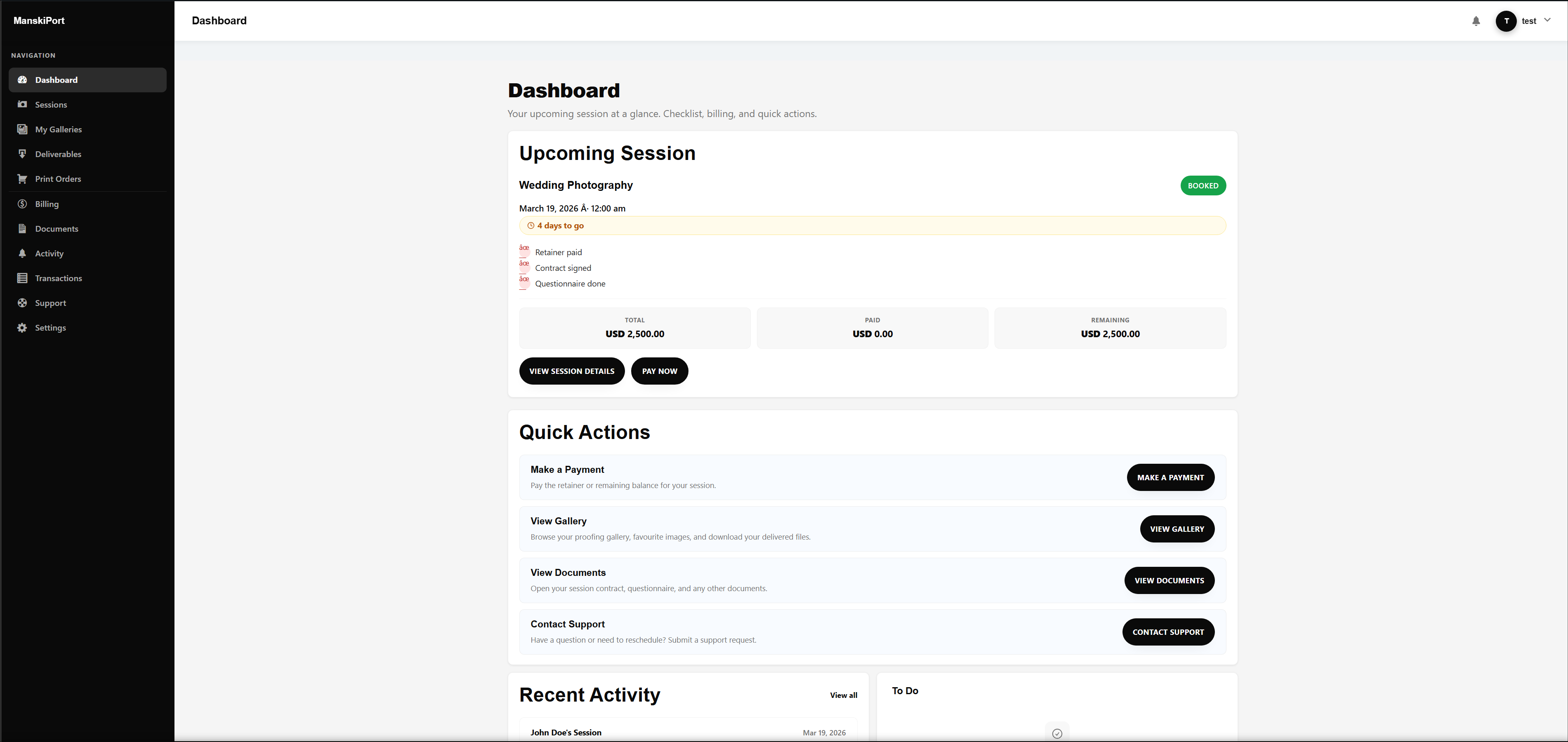 ManskiPort dashboard overview showing client sessions and analytics
