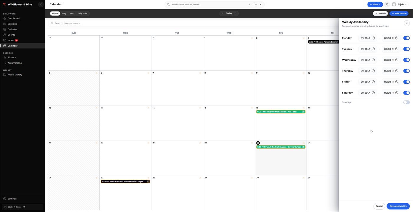 The Mankai weekly availability pane showing bookable windows for a fictional studio.