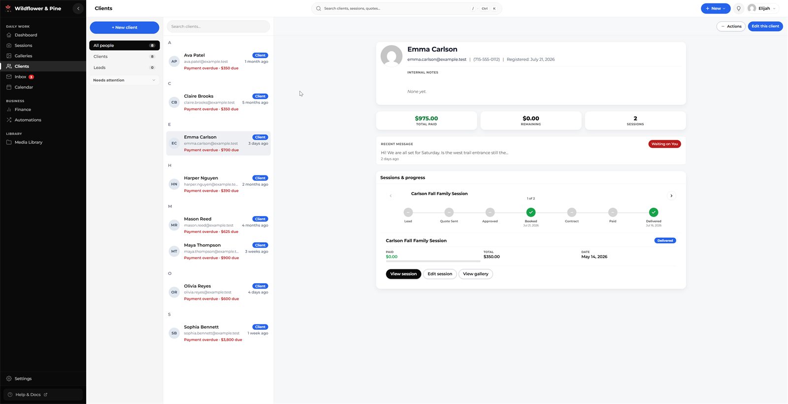 The Mankai client list with fictional client records and quick actions.
