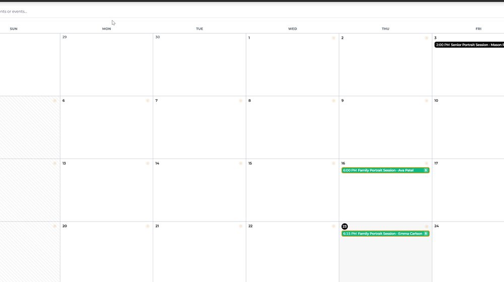The Mankai calendar month grid with fictional sessions and blocked time.