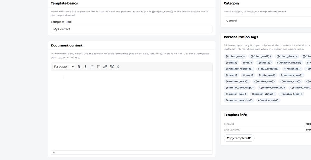 A fictional contract in the Mankai document template editor.