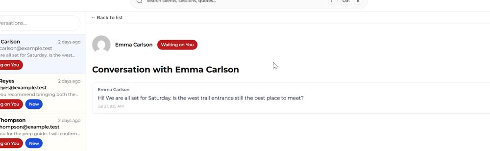 A fictional client conversation open in the Mankai inbox with waiting-on-you labels.
