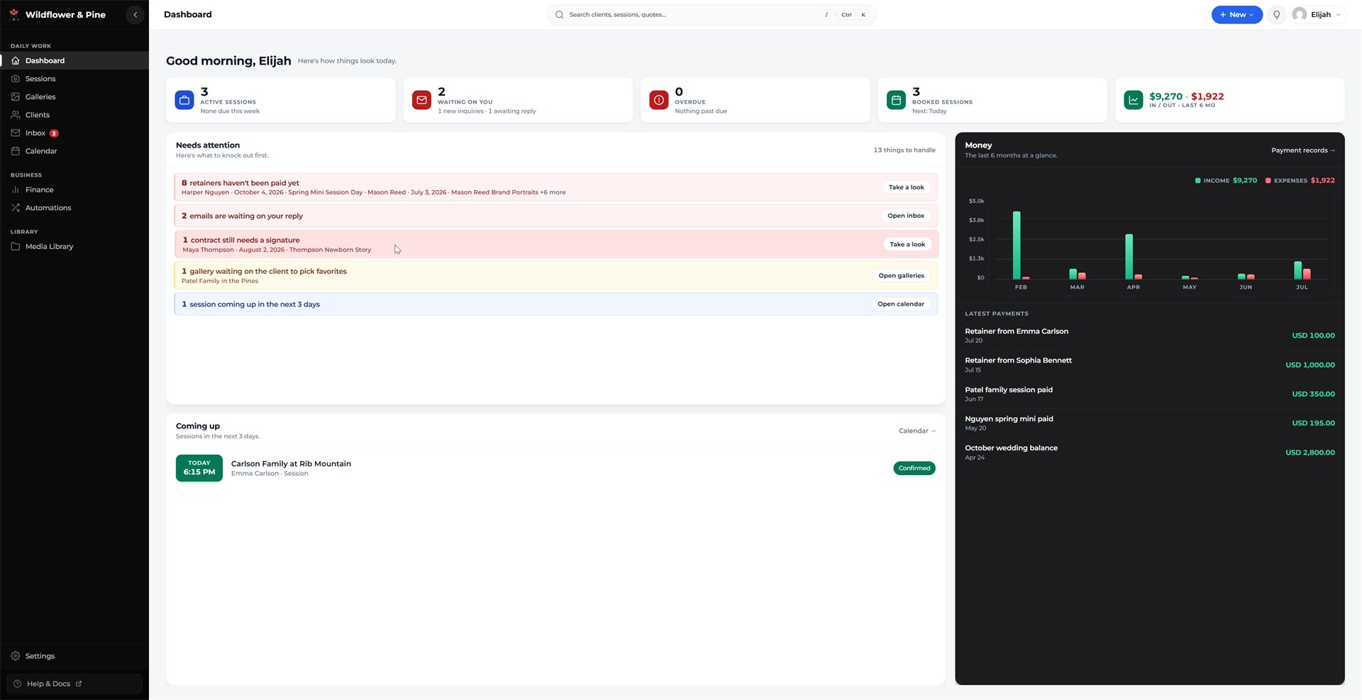 The Mankai dashboard for a fictional demo studio: active sessions, items needing attention, upcoming work, income and expenses, and recent payments.