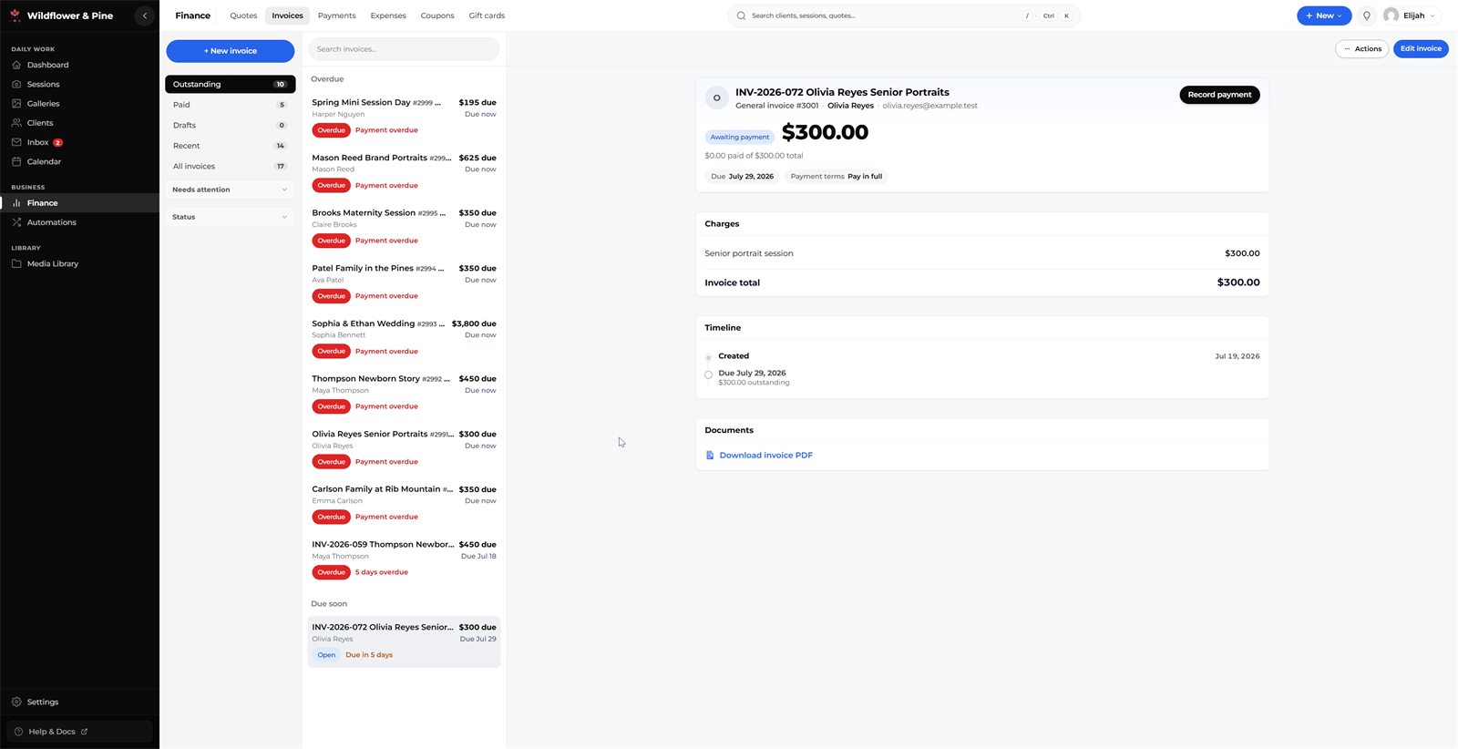 A Mankai invoice for a fictional session with line items, retainer, and remaining balance.