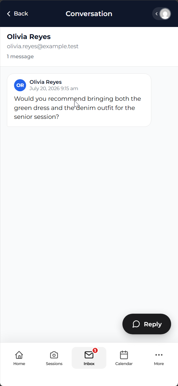 An open client conversation in the Mankai mobile inbox with fictional messages.