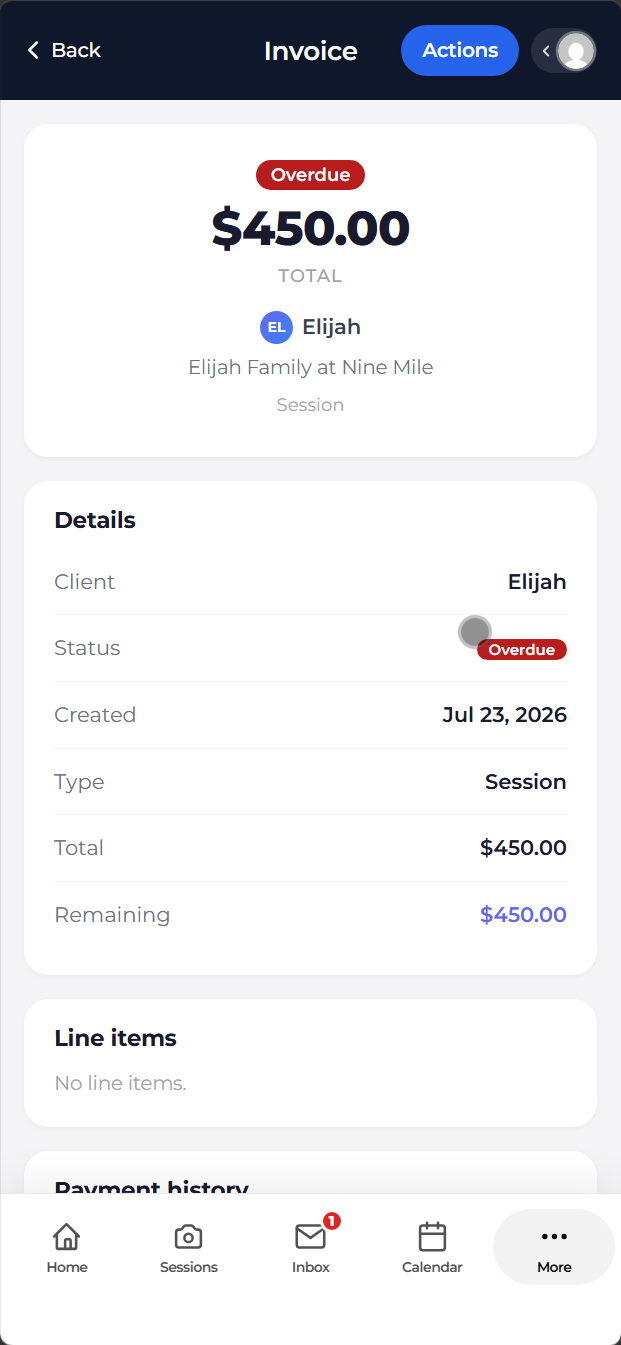 A fictional invoice open in the Mankai mobile app.