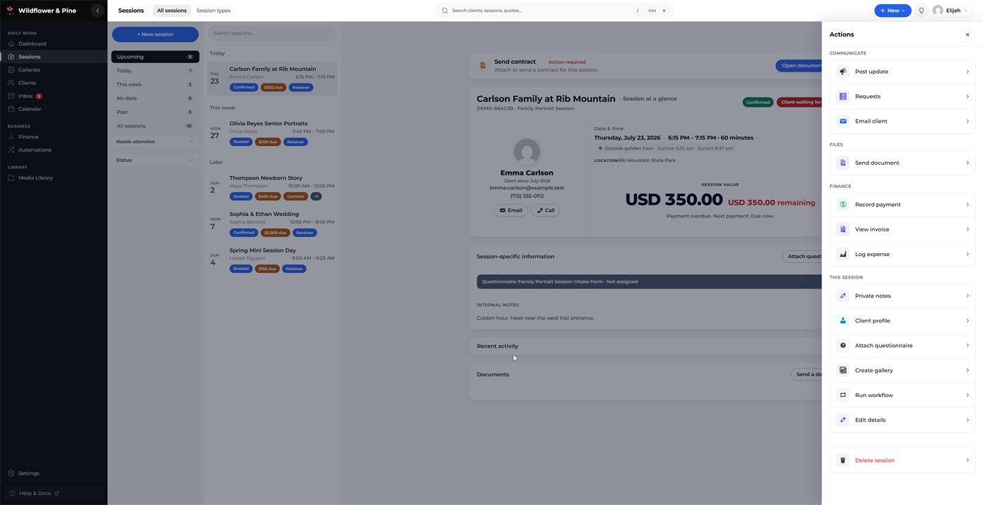The Mankai session action pane for a fictional booking with status, payments, and delivery actions.
